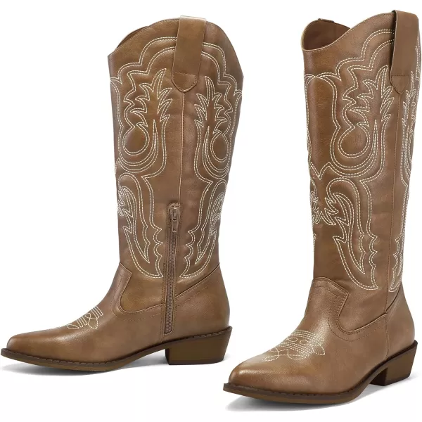 mysoft Womens Cowboy Boots Mid Calf Cowgirl Boots Embroidered Western Pointed Toe Chunky Heel Pull On Knee High BootsLight Brown