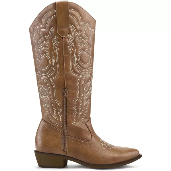 mysoft Womens Cowboy Boots Mid Calf Cowgirl Boots Embroidered Western Pointed Toe Chunky Heel Pull On Knee High BootsLight Brown
