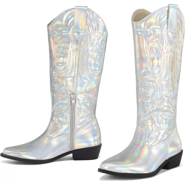 mysoft Womens Cowboy Boots Mid Calf Cowgirl Boots Embroidered Western Pointed Toe Chunky Heel Pull On Knee High BootsMetallic Iridescent Silver