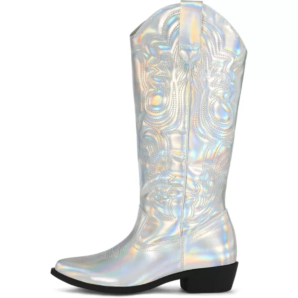 mysoft Womens Cowboy Boots Mid Calf Cowgirl Boots Embroidered Western Pointed Toe Chunky Heel Pull On Knee High BootsMetallic Iridescent Silver
