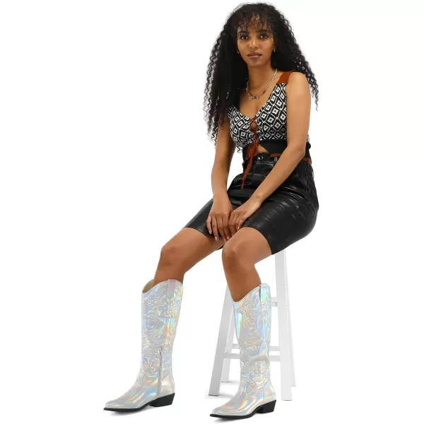 mysoft Womens Cowboy Boots Mid Calf Cowgirl Boots Embroidered Western Pointed Toe Chunky Heel Pull On Knee High BootsMetallic Iridescent Silver
