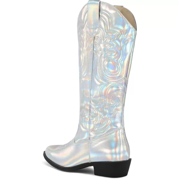 mysoft Womens Cowboy Boots Mid Calf Cowgirl Boots Embroidered Western Pointed Toe Chunky Heel Pull On Knee High BootsMetallic Iridescent Silver