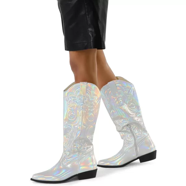 mysoft Womens Cowboy Boots Mid Calf Cowgirl Boots Embroidered Western Pointed Toe Chunky Heel Pull On Knee High BootsMetallic Iridescent Silver
