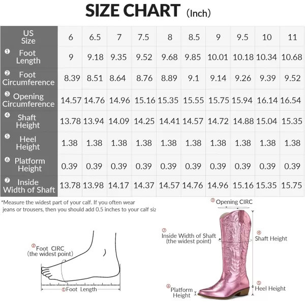 mysoft Womens Cowboy Boots Mid Calf Cowgirl Boots Embroidered Western Pointed Toe Chunky Heel Pull On Knee High BootsMetallic Pink