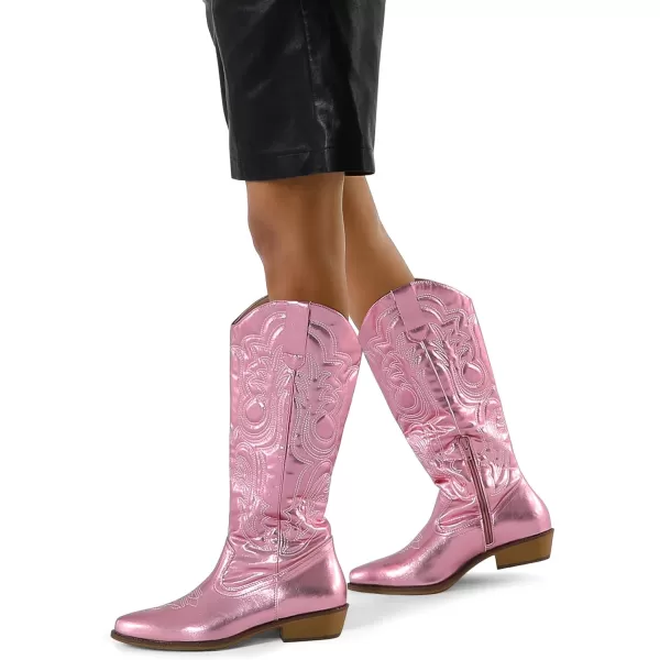 mysoft Womens Cowboy Boots Mid Calf Cowgirl Boots Embroidered Western Pointed Toe Chunky Heel Pull On Knee High BootsMetallic Pink