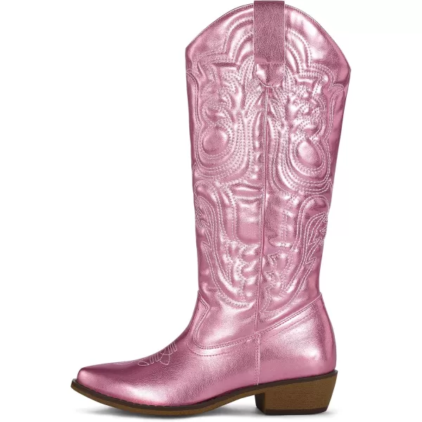 mysoft Womens Cowboy Boots Mid Calf Cowgirl Boots Embroidered Western Pointed Toe Chunky Heel Pull On Knee High BootsMetallic Pink