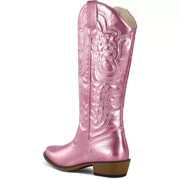 mysoft Womens Cowboy Boots Mid Calf Cowgirl Boots Embroidered Western Pointed Toe Chunky Heel Pull On Knee High BootsMetallic Pink