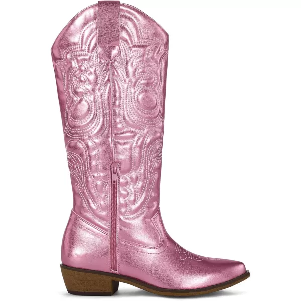 mysoft Womens Cowboy Boots Mid Calf Cowgirl Boots Embroidered Western Pointed Toe Chunky Heel Pull On Knee High BootsMetallic Pink