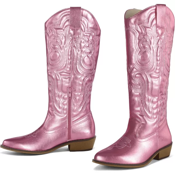mysoft Womens Cowboy Boots Mid Calf Cowgirl Boots Embroidered Western Pointed Toe Chunky Heel Pull On Knee High BootsMetallic Pink