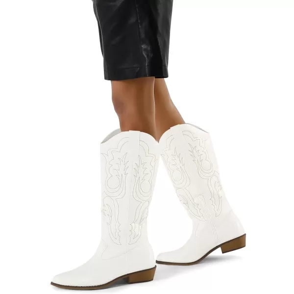 mysoft Womens Cowboy Boots Mid Calf Cowgirl Boots Embroidered Western Pointed Toe Chunky Heel Pull On Knee High BootsOffwhite