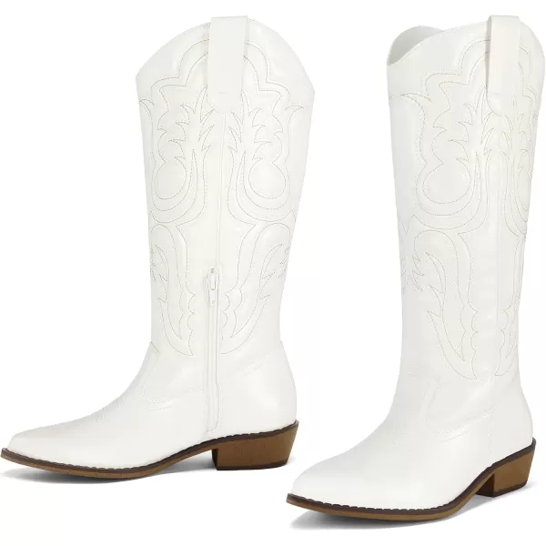 mysoft Womens Cowboy Boots Mid Calf Cowgirl Boots Embroidered Western Pointed Toe Chunky Heel Pull On Knee High BootsOffwhite