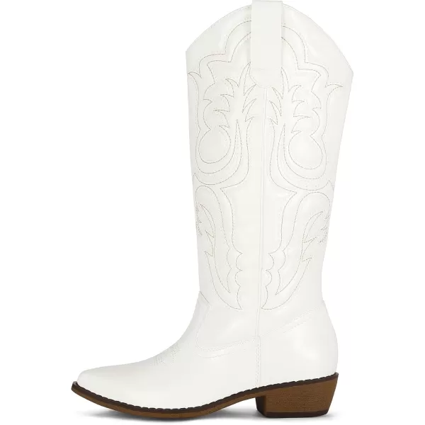 mysoft Womens Cowboy Boots Mid Calf Cowgirl Boots Embroidered Western Pointed Toe Chunky Heel Pull On Knee High BootsOffwhite