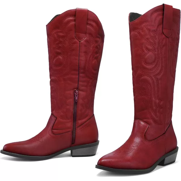 mysoft Womens Cowboy Boots Mid Calf Cowgirl Boots Embroidered Western Pointed Toe Chunky Heel Pull On Knee High BootsRed