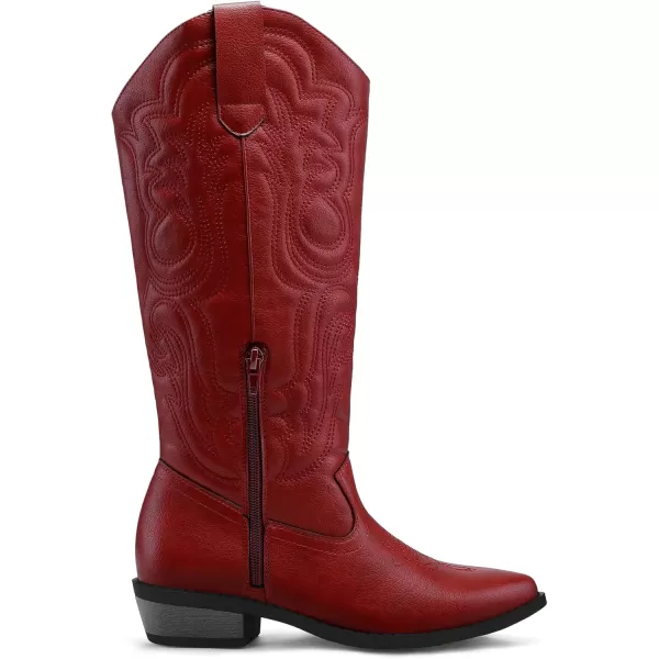 mysoft Womens Cowboy Boots Mid Calf Cowgirl Boots Embroidered Western Pointed Toe Chunky Heel Pull On Knee High BootsRed