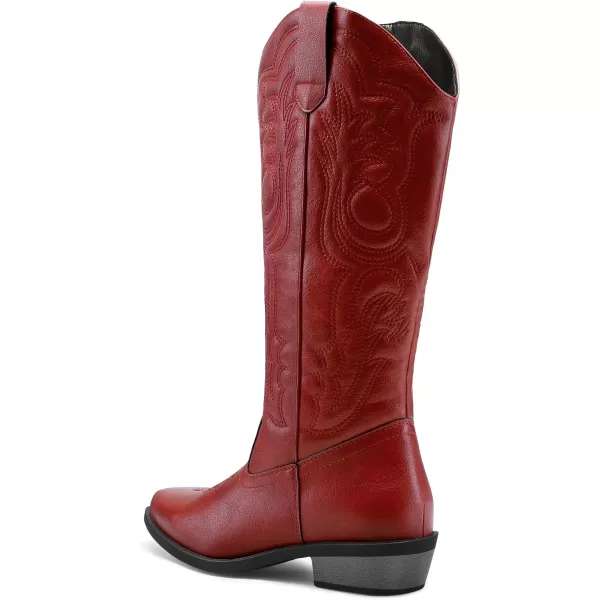 mysoft Womens Cowboy Boots Mid Calf Cowgirl Boots Embroidered Western Pointed Toe Chunky Heel Pull On Knee High BootsRed