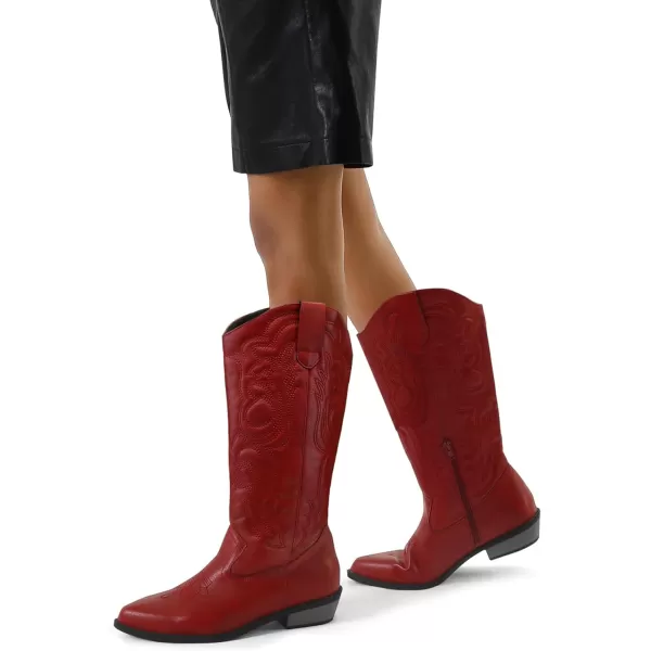 mysoft Womens Cowboy Boots Mid Calf Cowgirl Boots Embroidered Western Pointed Toe Chunky Heel Pull On Knee High BootsRed