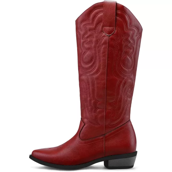 mysoft Womens Cowboy Boots Mid Calf Cowgirl Boots Embroidered Western Pointed Toe Chunky Heel Pull On Knee High BootsRed