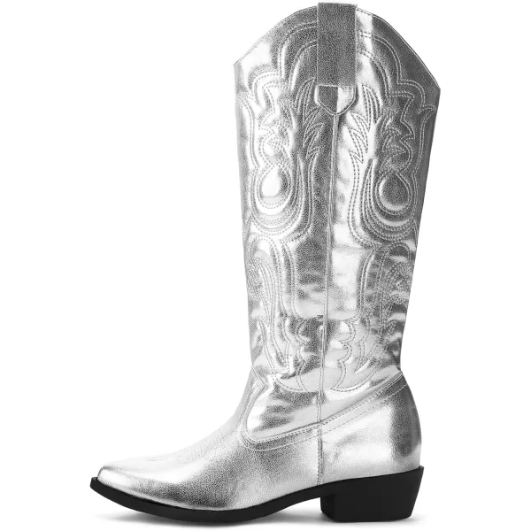 mysoft Womens Cowboy Boots Mid Calf Cowgirl Boots Embroidered Western Pointed Toe Chunky Heel Pull On Knee High BootsSilver
