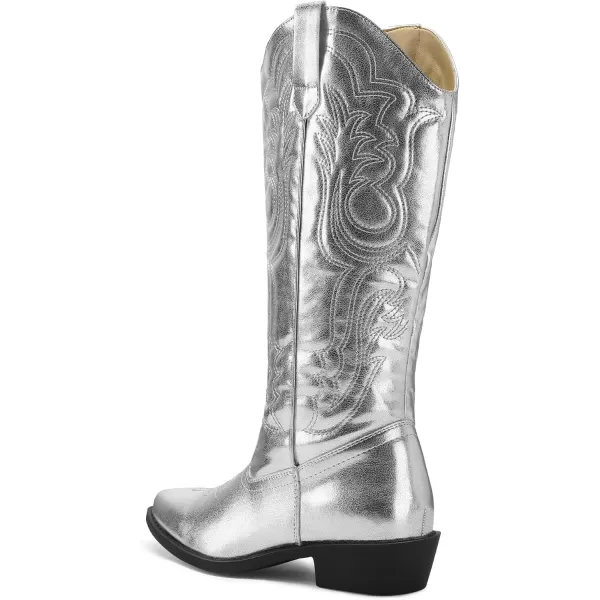 mysoft Womens Cowboy Boots Mid Calf Cowgirl Boots Embroidered Western Pointed Toe Chunky Heel Pull On Knee High BootsSilver