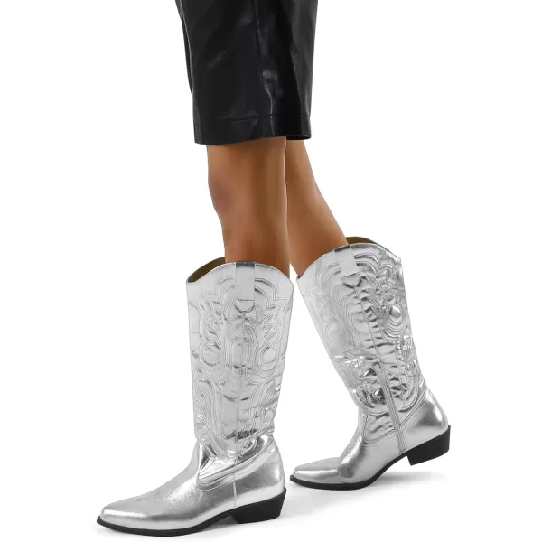 mysoft Womens Cowboy Boots Mid Calf Cowgirl Boots Embroidered Western Pointed Toe Chunky Heel Pull On Knee High BootsSilver