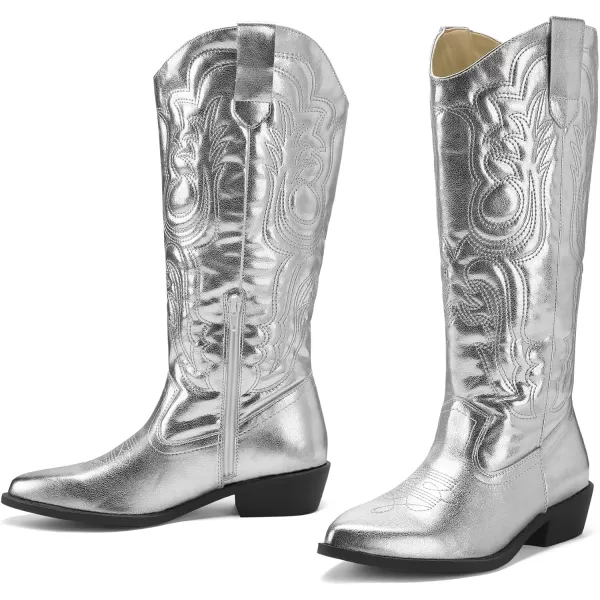 mysoft Womens Cowboy Boots Mid Calf Cowgirl Boots Embroidered Western Pointed Toe Chunky Heel Pull On Knee High BootsSilver