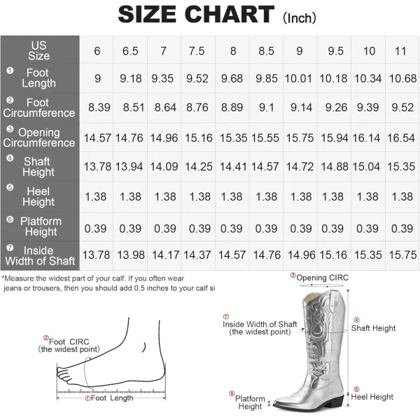 mysoft Womens Cowboy Boots Mid Calf Cowgirl Boots Embroidered Western Pointed Toe Chunky Heel Pull On Knee High BootsSilver