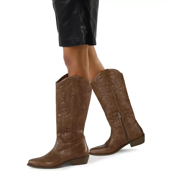 mysoft Womens Cowboy Boots Mid Calf Cowgirl Boots Embroidered Western Pointed Toe Chunky Heel Pull On Knee High BootsSolid Brown