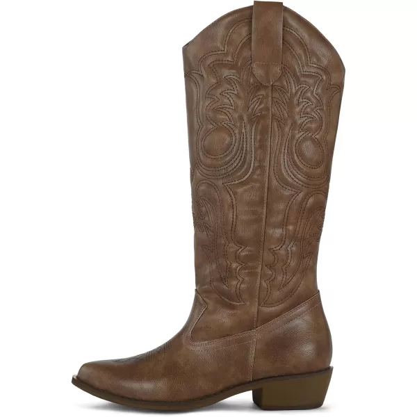 mysoft Womens Cowboy Boots Mid Calf Cowgirl Boots Embroidered Western Pointed Toe Chunky Heel Pull On Knee High BootsSolid Brown