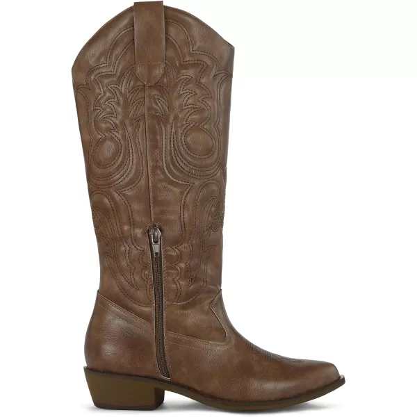 mysoft Womens Cowboy Boots Mid Calf Cowgirl Boots Embroidered Western Pointed Toe Chunky Heel Pull On Knee High BootsSolid Brown