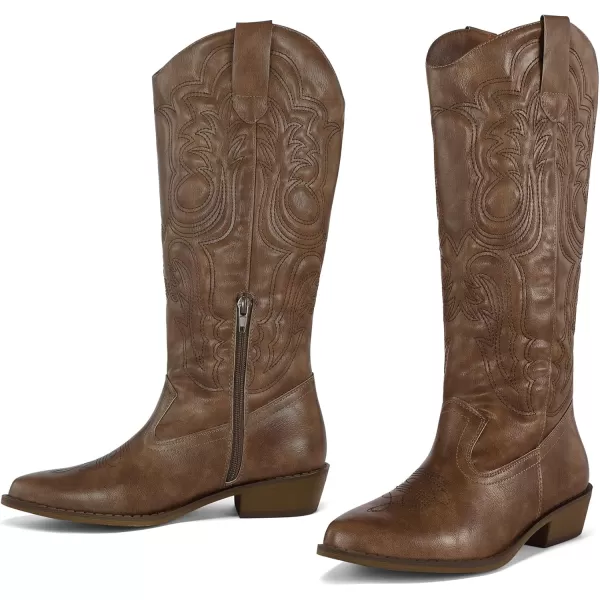 mysoft Womens Cowboy Boots Mid Calf Cowgirl Boots Embroidered Western Pointed Toe Chunky Heel Pull On Knee High BootsSolid Brown