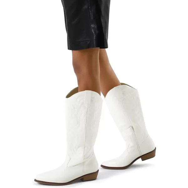 mysoft Womens Cowboy Boots Mid Calf Cowgirl Boots Embroidered Western Pointed Toe Chunky Heel Pull On Knee High BootsWhite