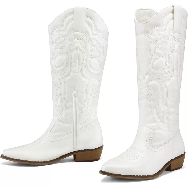 mysoft Womens Cowboy Boots Mid Calf Cowgirl Boots Embroidered Western Pointed Toe Chunky Heel Pull On Knee High BootsWhite