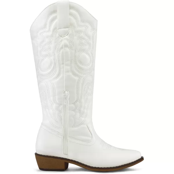 mysoft Womens Cowboy Boots Mid Calf Cowgirl Boots Embroidered Western Pointed Toe Chunky Heel Pull On Knee High BootsWhite