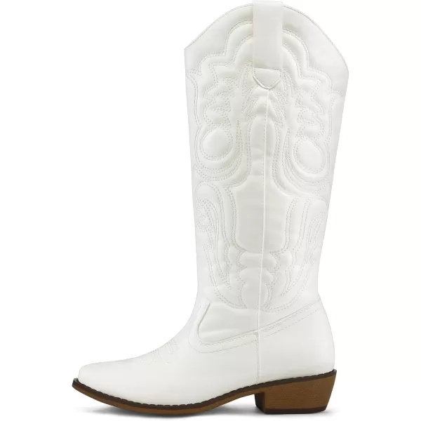 mysoft Womens Cowboy Boots Mid Calf Cowgirl Boots Embroidered Western Pointed Toe Chunky Heel Pull On Knee High BootsWhite