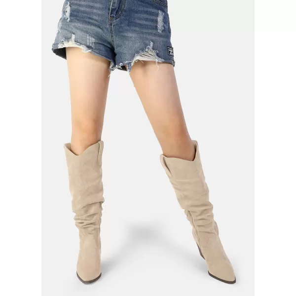 mysoft Womens Cowboy KneeHigh Boots Pointed Toe Mid Chunky Heel Pull On Slouchy Boots with ZippersBeige