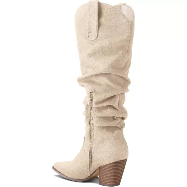 mysoft Womens Cowboy KneeHigh Boots Pointed Toe Mid Chunky Heel Pull On Slouchy Boots with ZippersBeige