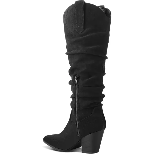 mysoft Womens Cowboy KneeHigh Boots Pointed Toe Mid Chunky Heel Pull On Slouchy Boots with ZippersBlack