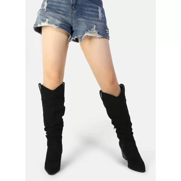 mysoft Womens Cowboy KneeHigh Boots Pointed Toe Mid Chunky Heel Pull On Slouchy Boots with ZippersBlack