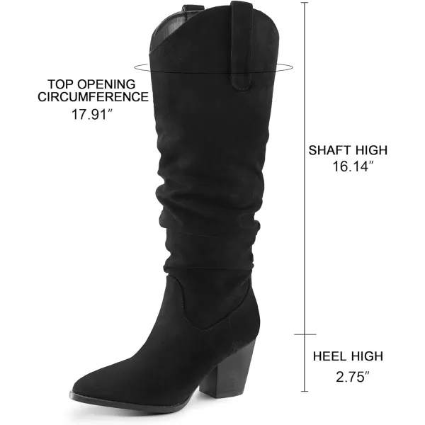 mysoft Womens Cowboy KneeHigh Boots Pointed Toe Mid Chunky Heel Pull On Slouchy Boots with ZippersBlack