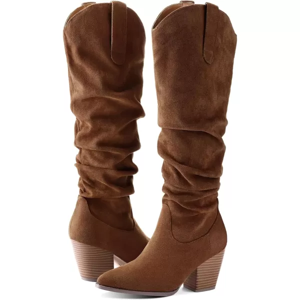mysoft Womens Cowboy KneeHigh Boots Pointed Toe Mid Chunky Heel Pull On Slouchy Boots with ZippersBrown