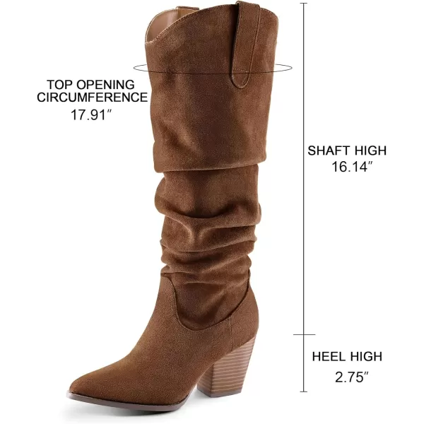 mysoft Womens Cowboy KneeHigh Boots Pointed Toe Mid Chunky Heel Pull On Slouchy Boots with ZippersBrown