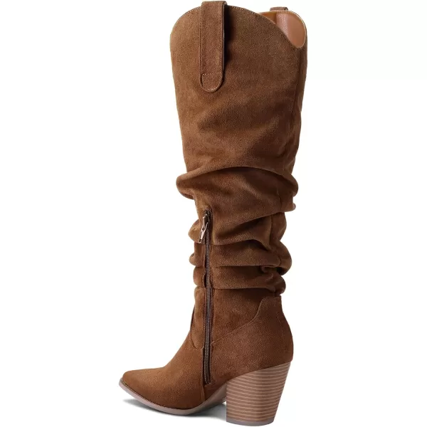 mysoft Womens Cowboy KneeHigh Boots Pointed Toe Mid Chunky Heel Pull On Slouchy Boots with ZippersBrown