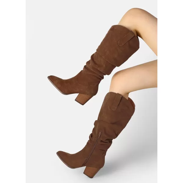mysoft Womens Cowboy KneeHigh Boots Pointed Toe Mid Chunky Heel Pull On Slouchy Boots with ZippersBrown