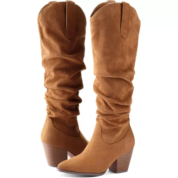 mysoft Womens Cowboy KneeHigh Boots Pointed Toe Mid Chunky Heel Pull On Slouchy Boots with ZippersCamel