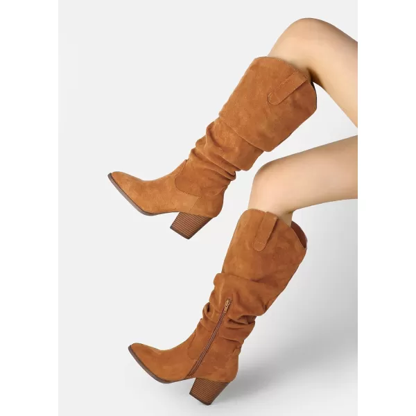 mysoft Womens Cowboy KneeHigh Boots Pointed Toe Mid Chunky Heel Pull On Slouchy Boots with ZippersCamel