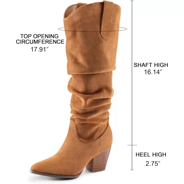 mysoft Womens Cowboy KneeHigh Boots Pointed Toe Mid Chunky Heel Pull On Slouchy Boots with ZippersCamel