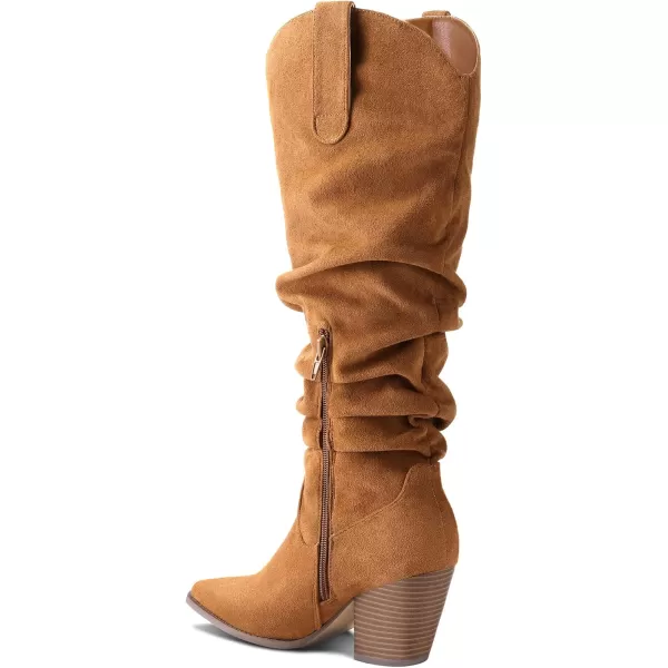 mysoft Womens Cowboy KneeHigh Boots Pointed Toe Mid Chunky Heel Pull On Slouchy Boots with ZippersCamel