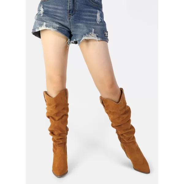 mysoft Womens Cowboy KneeHigh Boots Pointed Toe Mid Chunky Heel Pull On Slouchy Boots with ZippersCamel