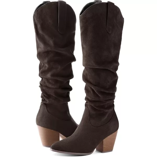 mysoft Womens Cowboy KneeHigh Boots Pointed Toe Mid Chunky Heel Pull On Slouchy Boots with ZippersChocolate