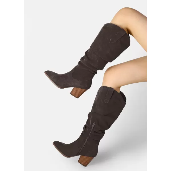 mysoft Womens Cowboy KneeHigh Boots Pointed Toe Mid Chunky Heel Pull On Slouchy Boots with ZippersChocolate